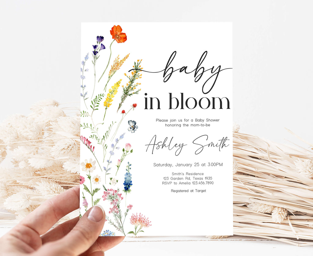Spring Baby Shower Invite • Floral Baby Girl Template | Baby in Bloom Invitation • Wildflower Baby Shower