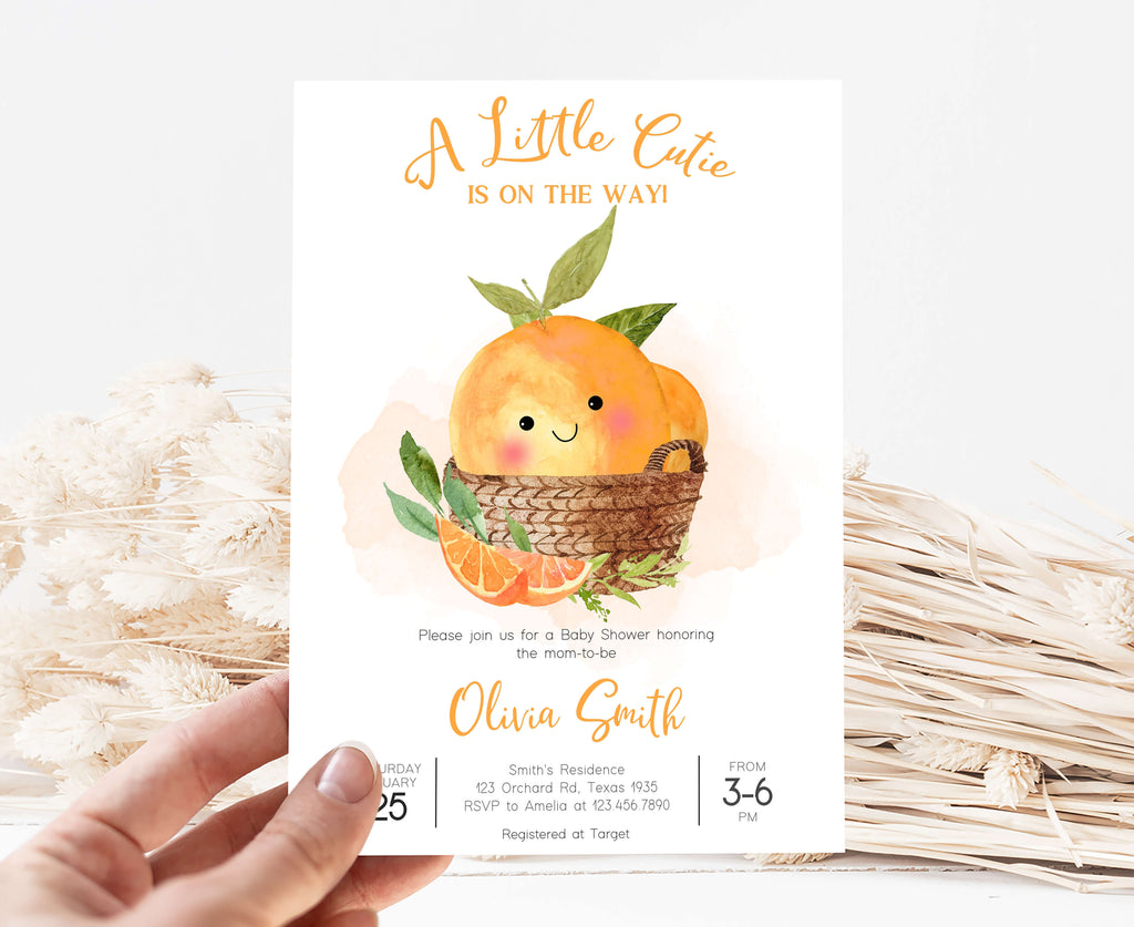 Little cutie baby shower invitation with citrus orange theme for spring summer