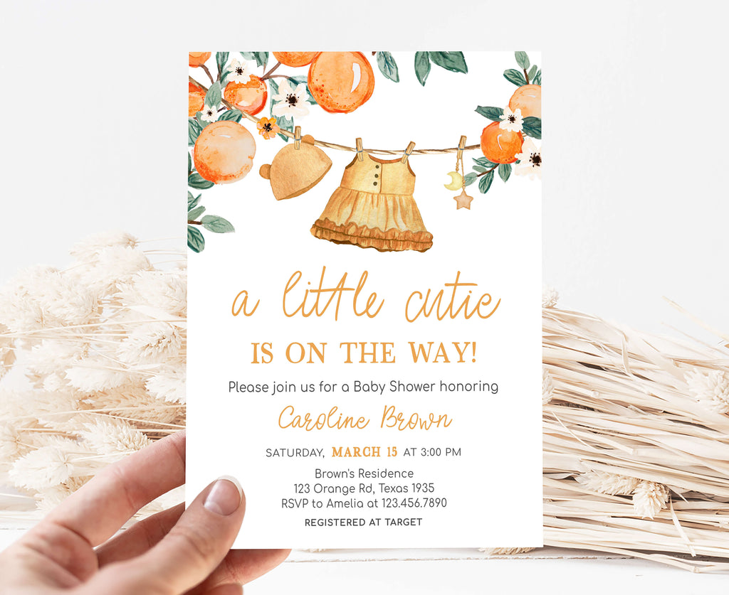 little cutie citrus baby shower invitation with orange theme for spring summer party