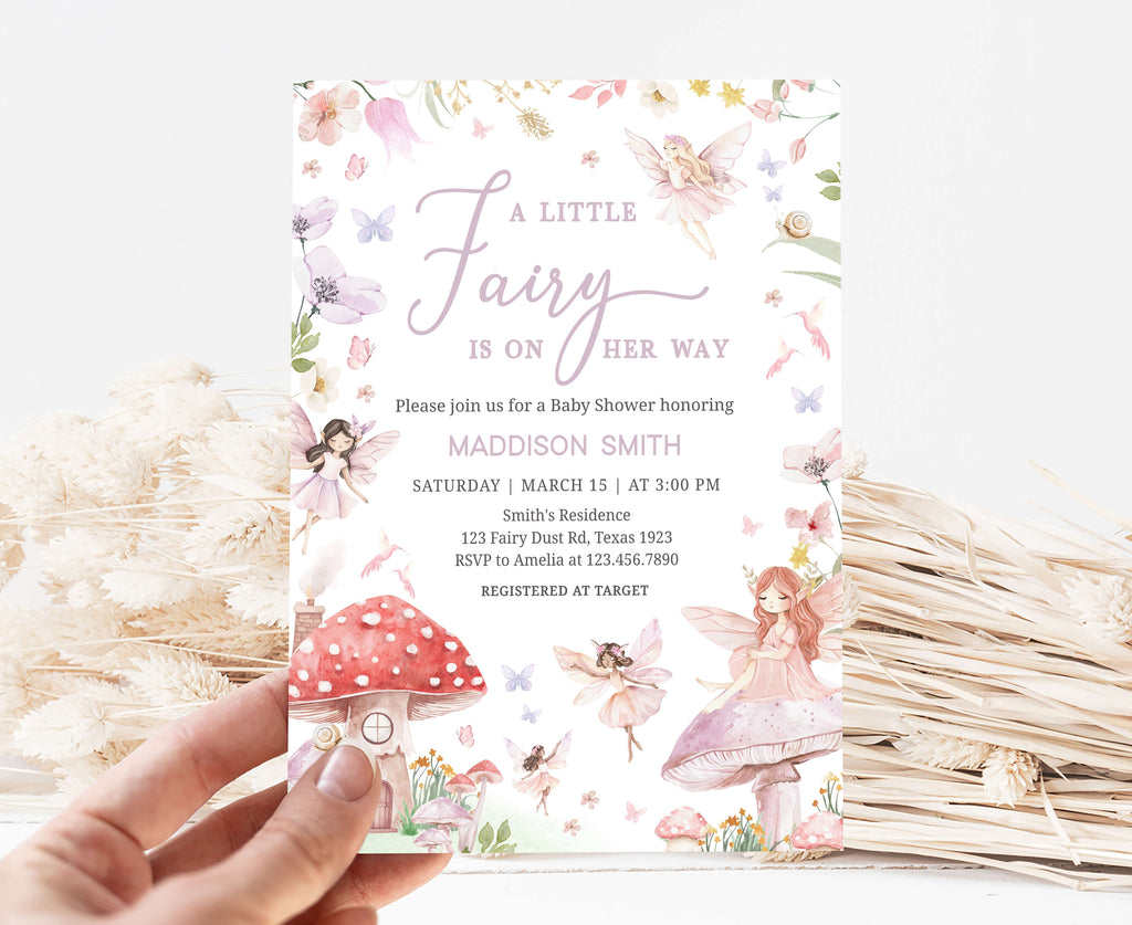 Spring fairy baby shower invitation with mushrooms, butterflies, and floral elements for girl shower