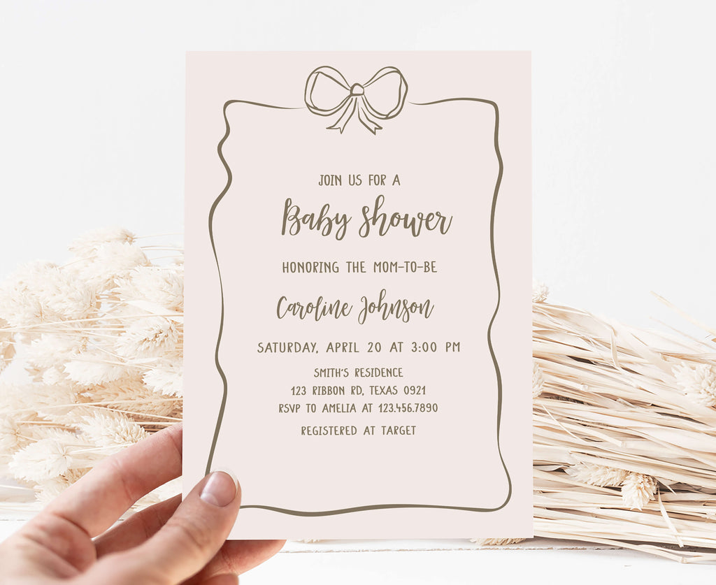 Neutral bow baby shower invitation with line art and script fonts for printable shower invite