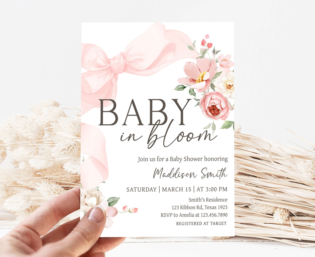Baby in bloom spring girl baby shower invitation with floral bow