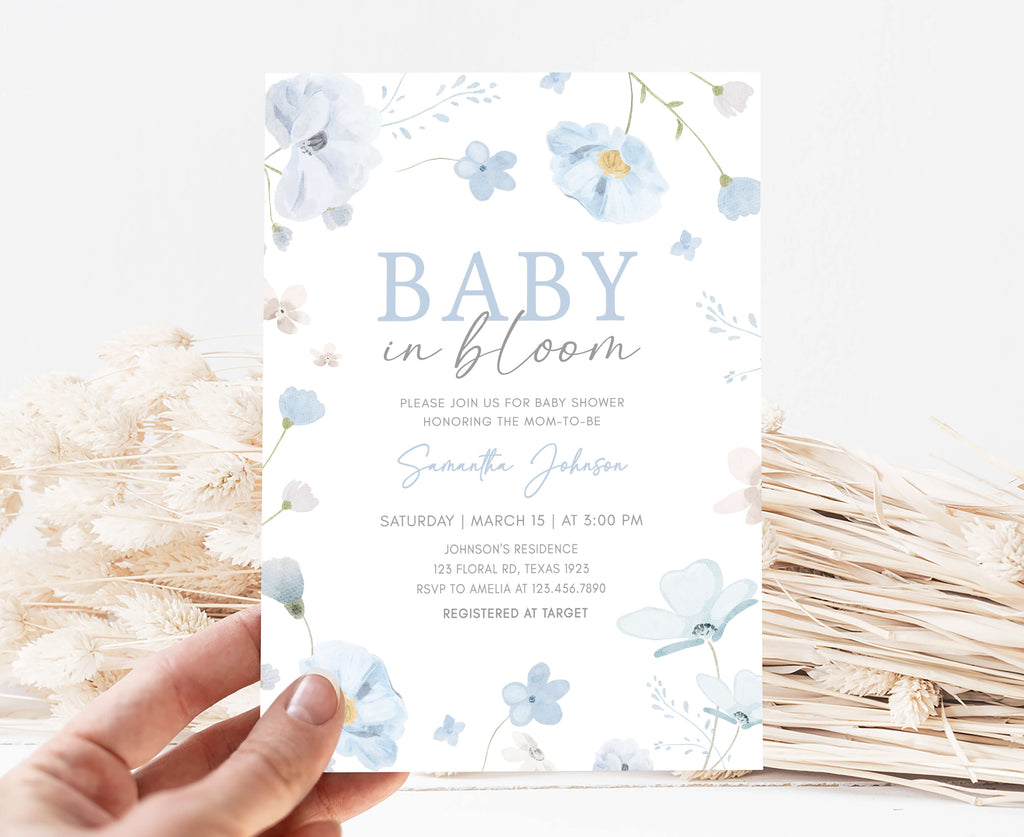 Spring baby in bloom invitation for boy with blue florals, printable and editable
