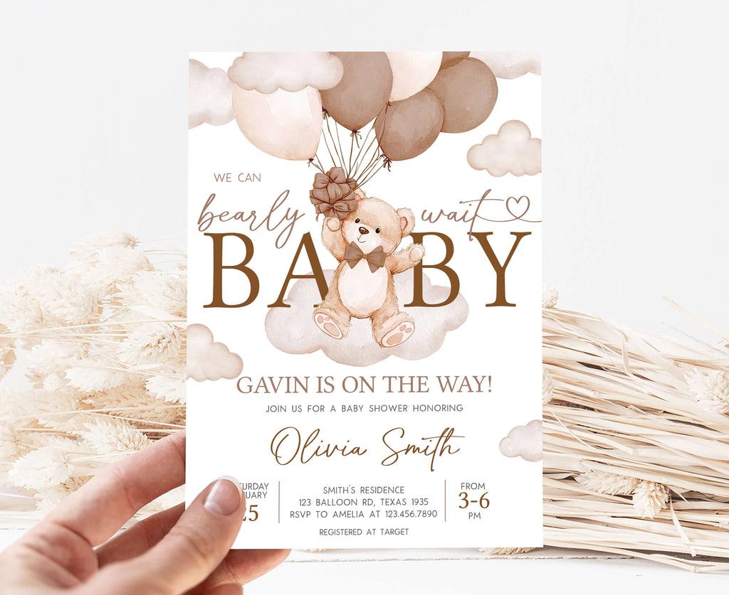 Gender neutral teddy bear baby shower invitation with balloons and cloud layout