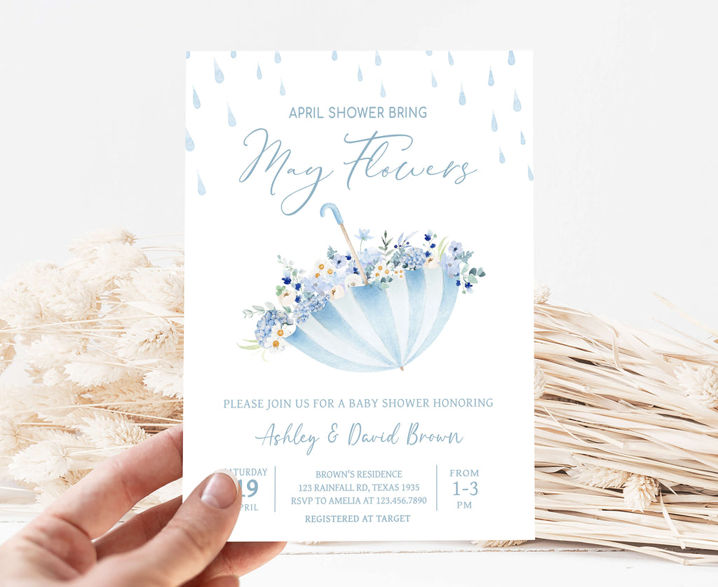 Spring baby shower invitation with umbrella and may flowers theme in gender neutral blue floral design