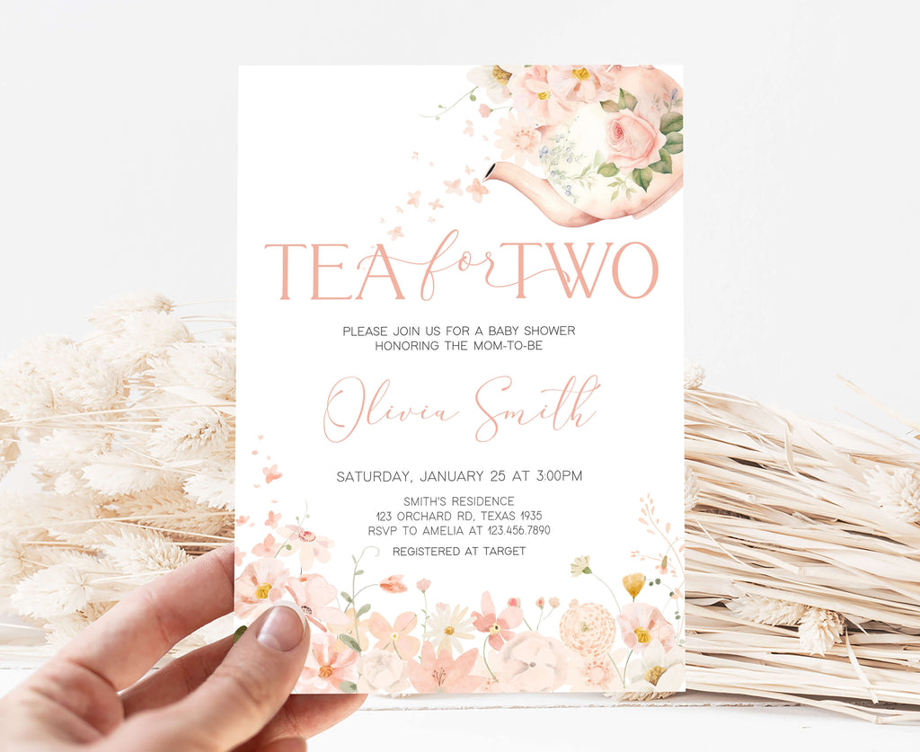 Spring tea party baby shower invitation with floral tea pot and girl theme