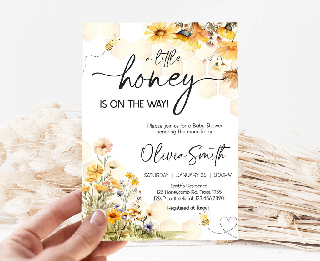 Gender neutral honey bee baby shower invitation with spring floral and honeycomb design for little honey theme