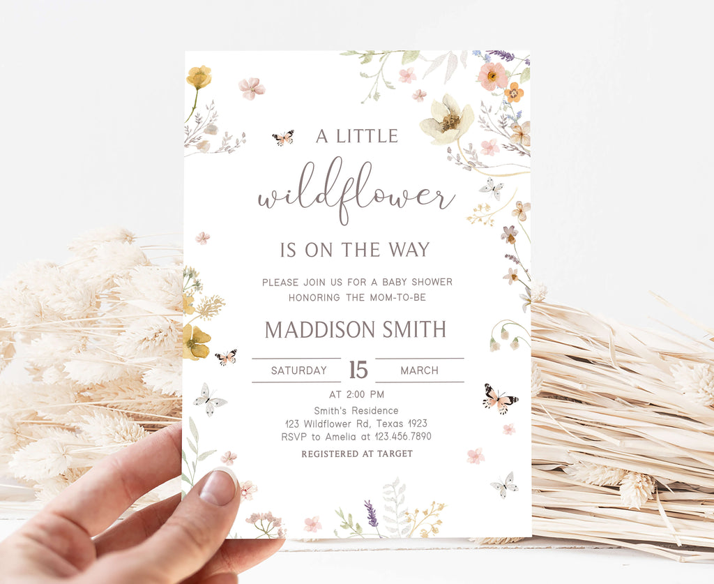 Wildflower baby shower invitation for girl with spring floral and butterfly theme