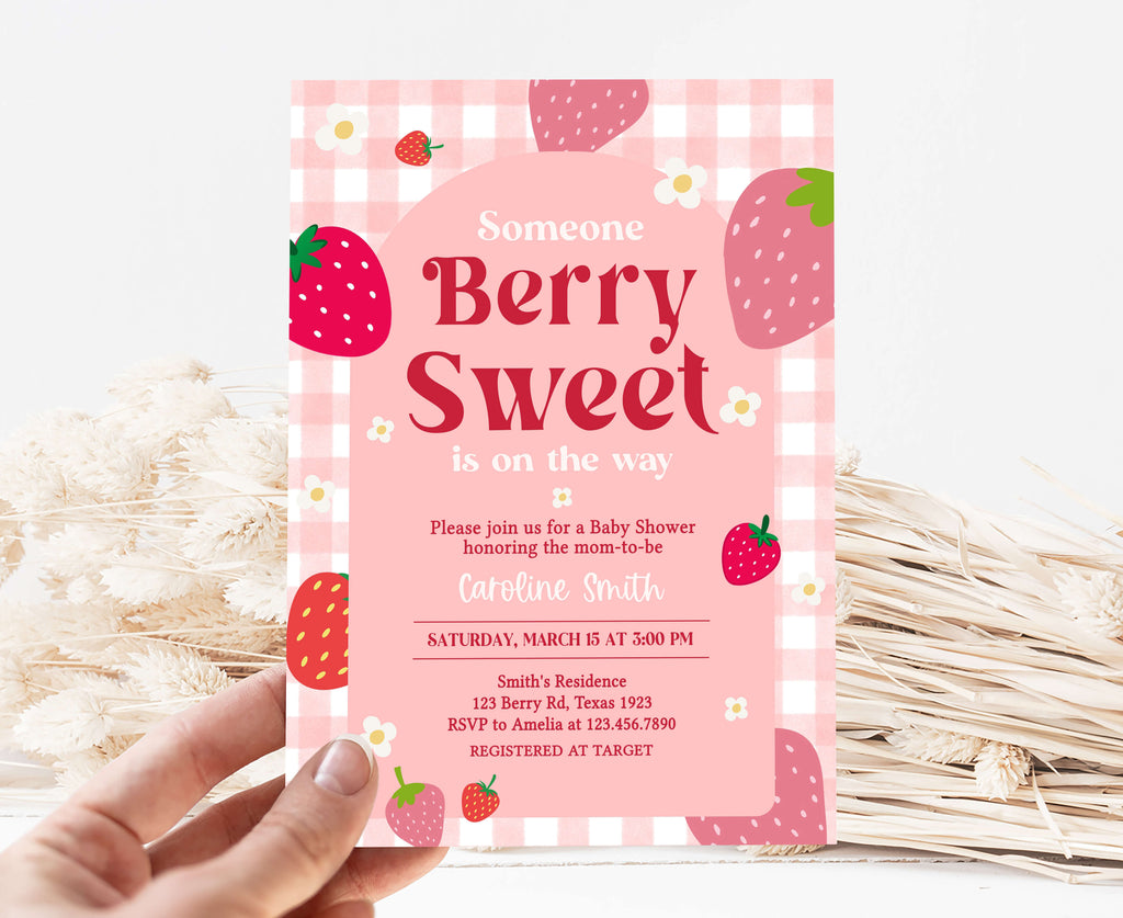 Strawberry baby shower invitation for spring berry girl theme