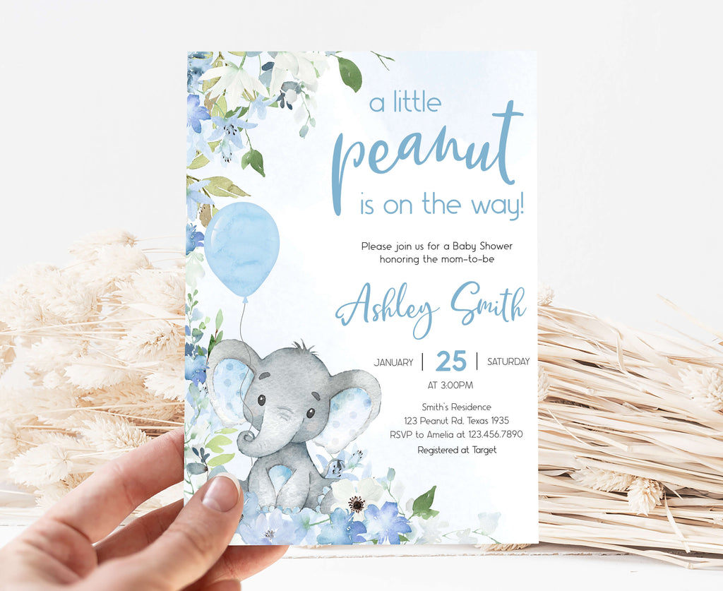 Spring elephant boy baby shower invitation with elephant and blue floral little peanut theme