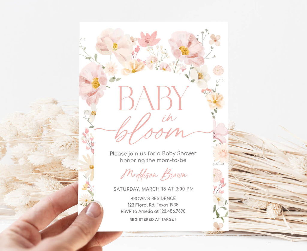 Spring floral baby in bloom girl baby shower invitation digital template