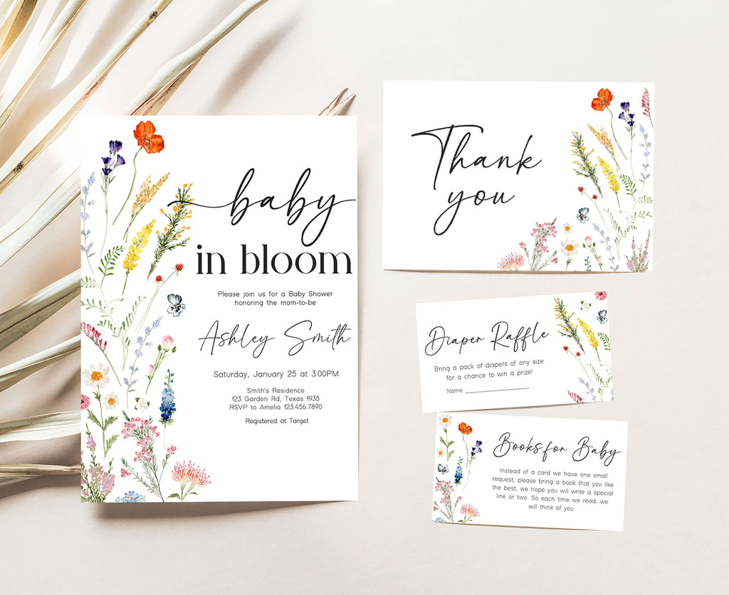 Spring floral baby girl invitation set with wildflower theme for baby shower printables