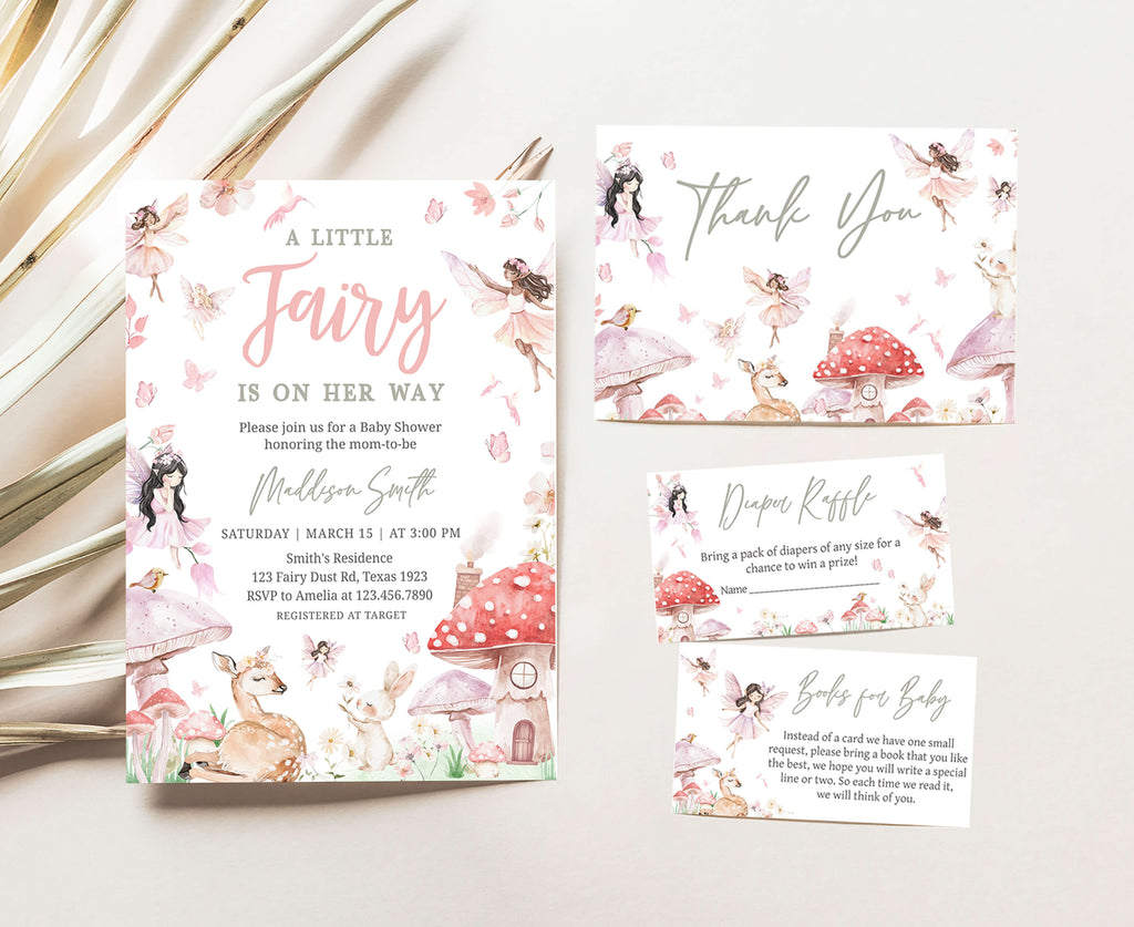 Fairy baby shower invitation set with spring woodland and mushroom theme for girl