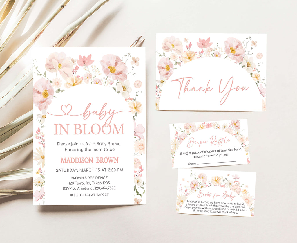 Floral spring baby in bloom girl baby shower invitation set digital files