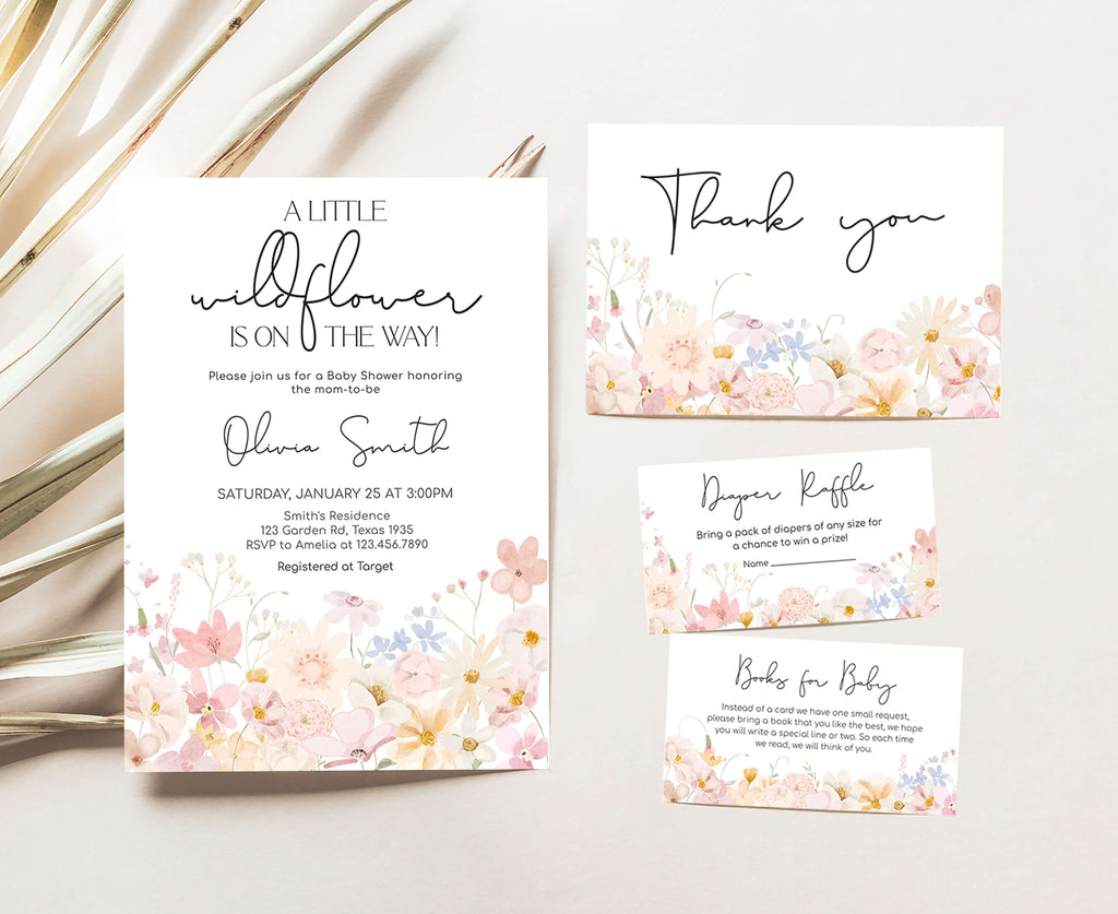 Wildflower spring baby girl shower invitation set with matching floral printables