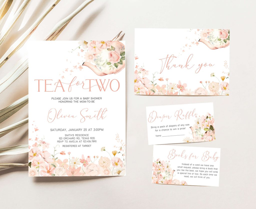 Tea party baby shower invitation set with spring florals and tea pot graphics