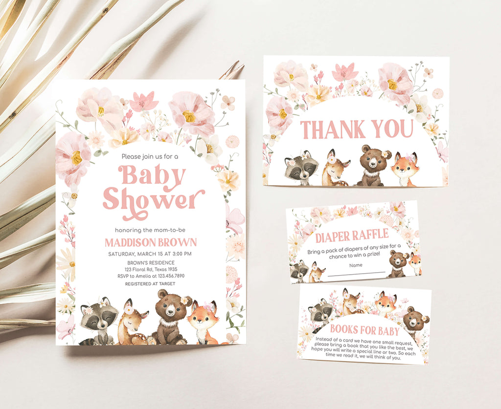Woodland spring baby shower invitation set with floral and forest animals for girl event