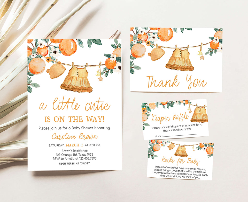 little cutie baby shower invitation set with citrus orange theme for spring summer event