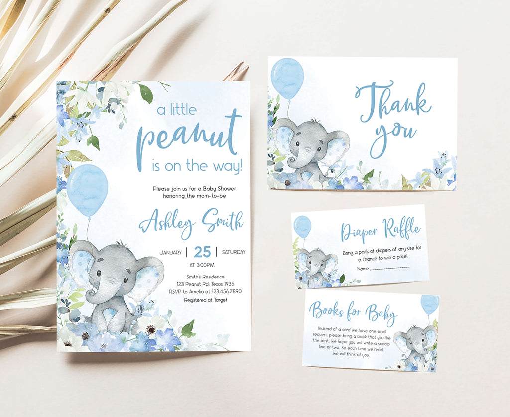 Spring elephant boy baby shower invitation set with elephant and blue floral design