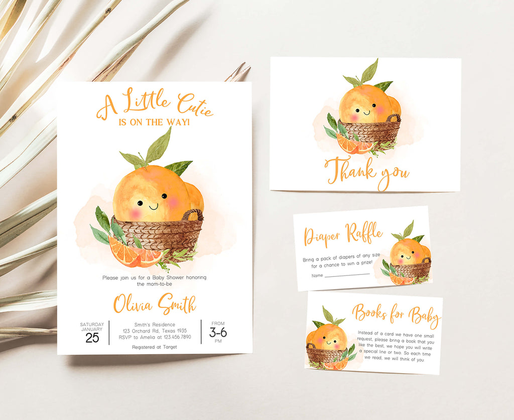 Citrus baby shower invitation set featuring little cutie orange theme