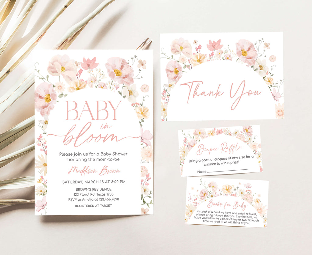 Spring floral baby in bloom girl baby shower invitation set printable bundle
