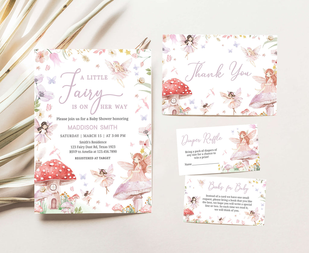 Fairy baby shower invitation set with matching spring floral and mushroom designs for girl shower