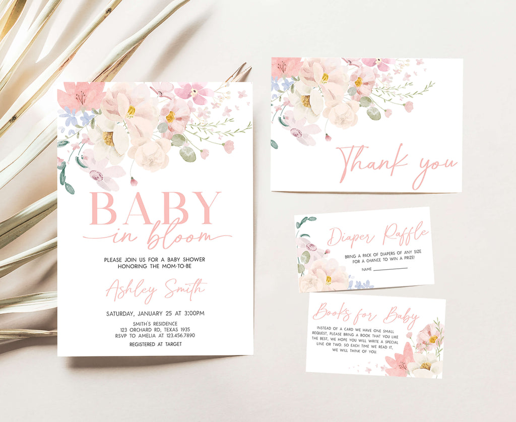 Spring floral baby in bloom girl baby shower invitation set with matching printables