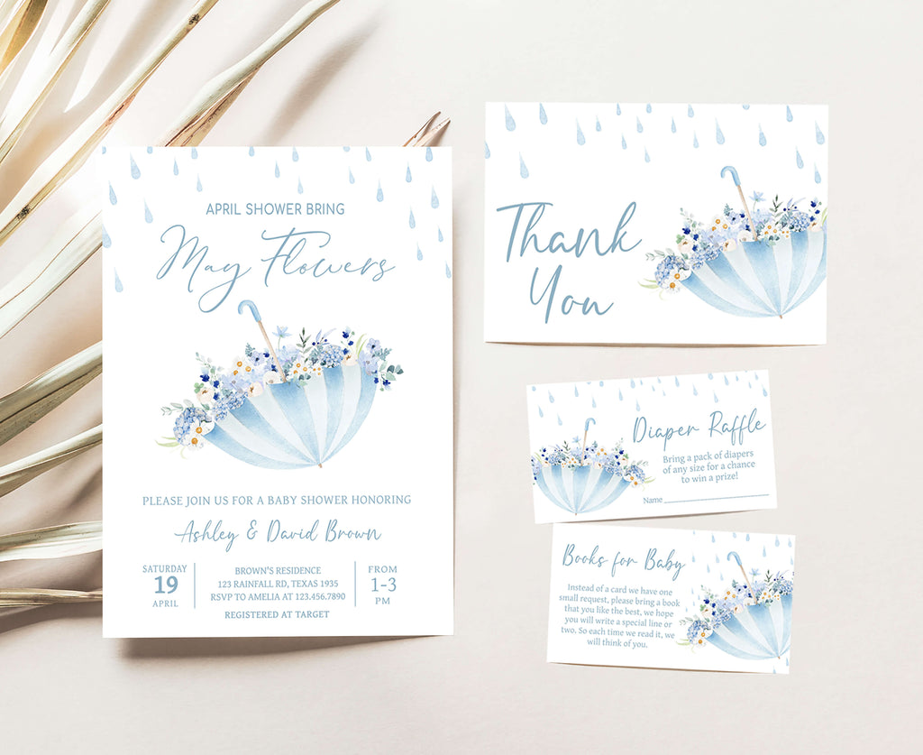 Spring umbrella baby shower invitation set with matching floral may flowers themed printables