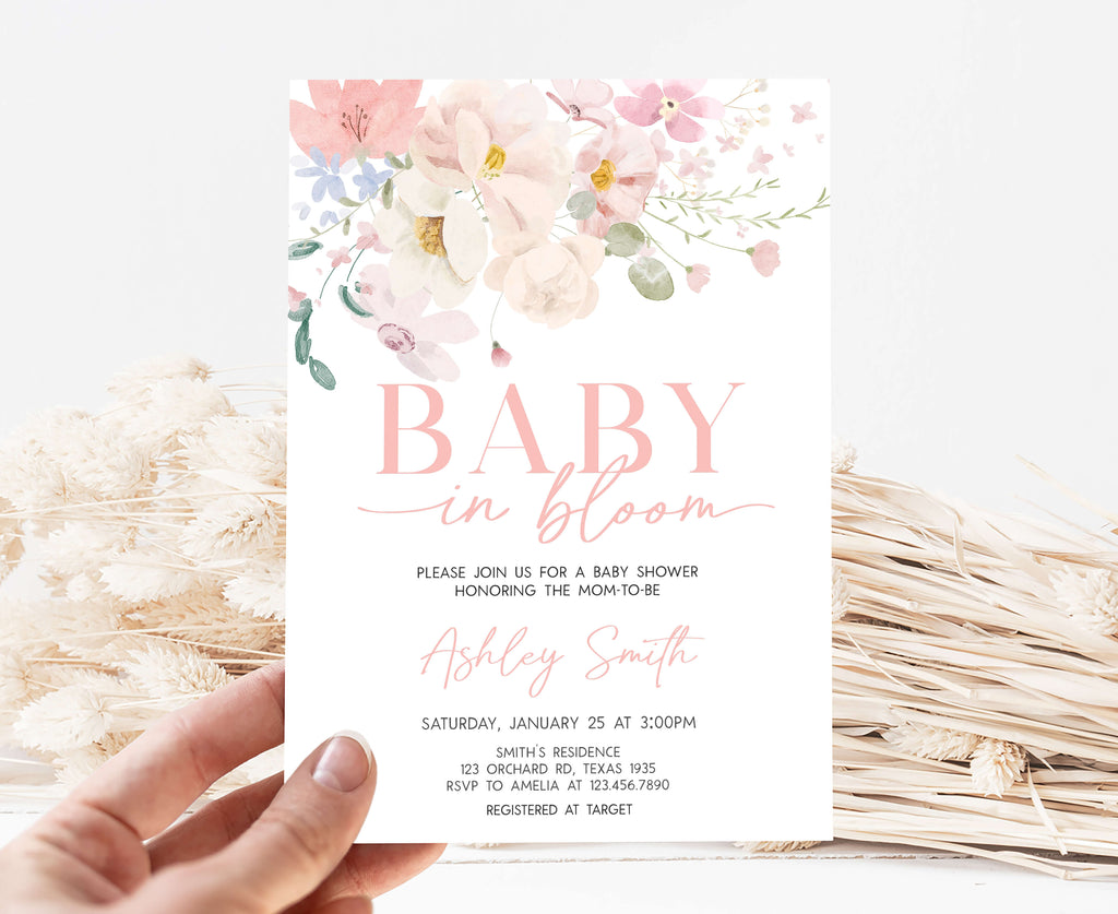 Spring floral baby in bloom girl baby shower invitation pink floral printable template