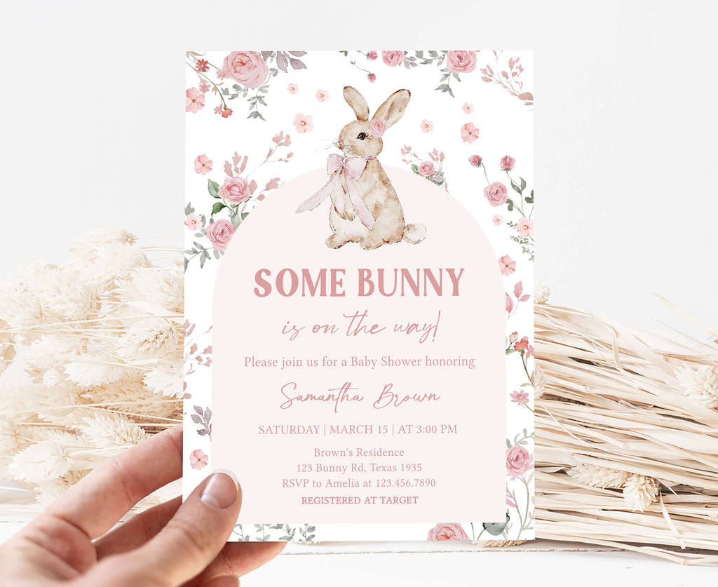 Spring bunny girl baby shower invitation with floral theme and some bunny design