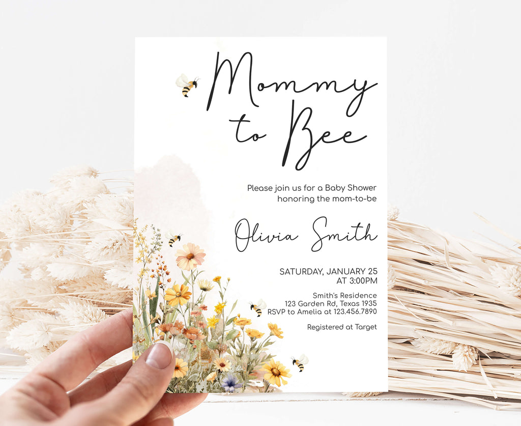 Spring bee baby shower invitation with wildflower and bee theme for gender neutral celebration