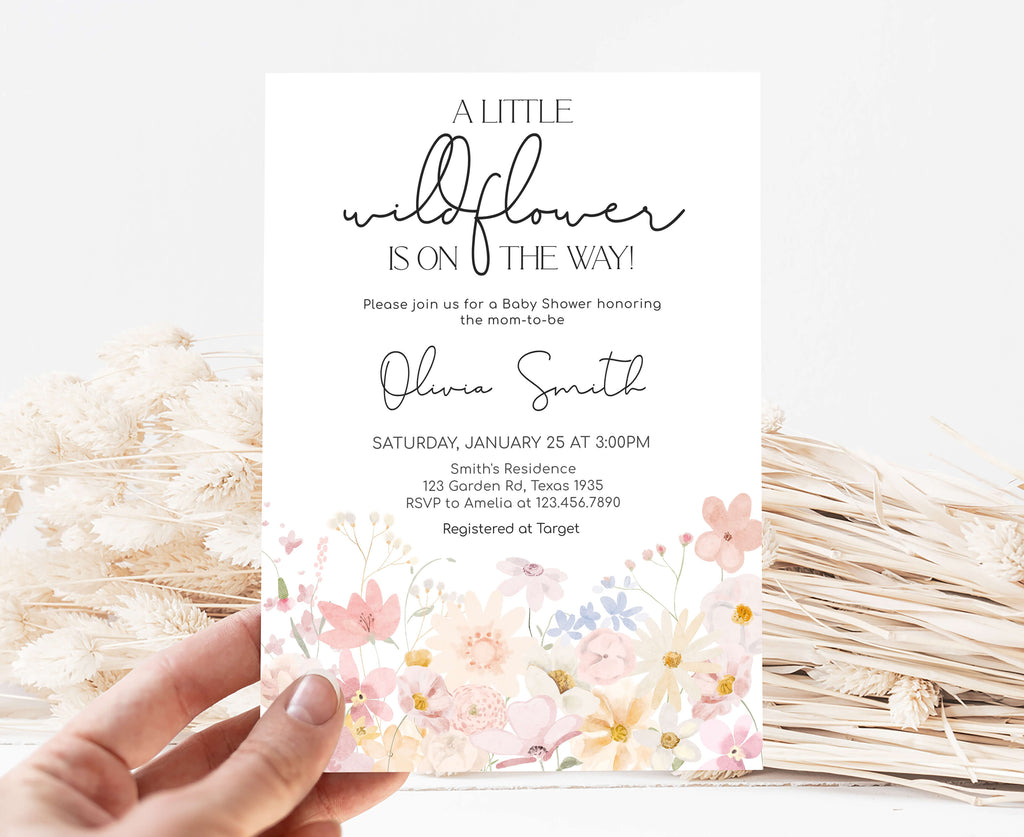 Wildflower baby girl spring baby shower invitation floral printable template