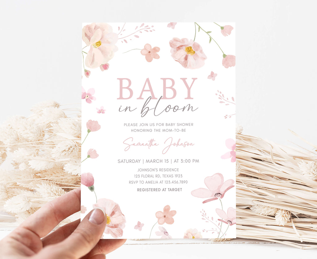 Spring floral baby girl shower invitation with bloom theme design