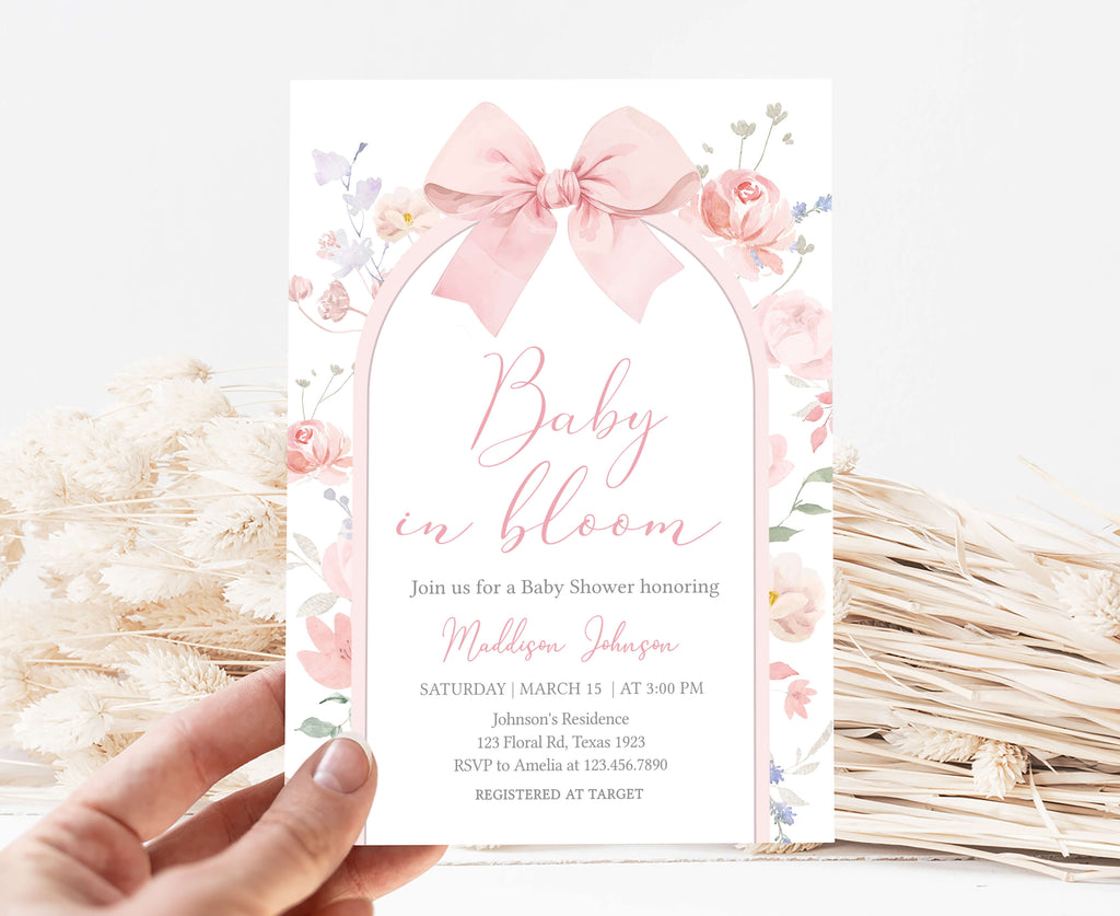 Spring floral baby girl shower invitation with pink bow and arch design, pink bow floral baby girl shower invite printable
