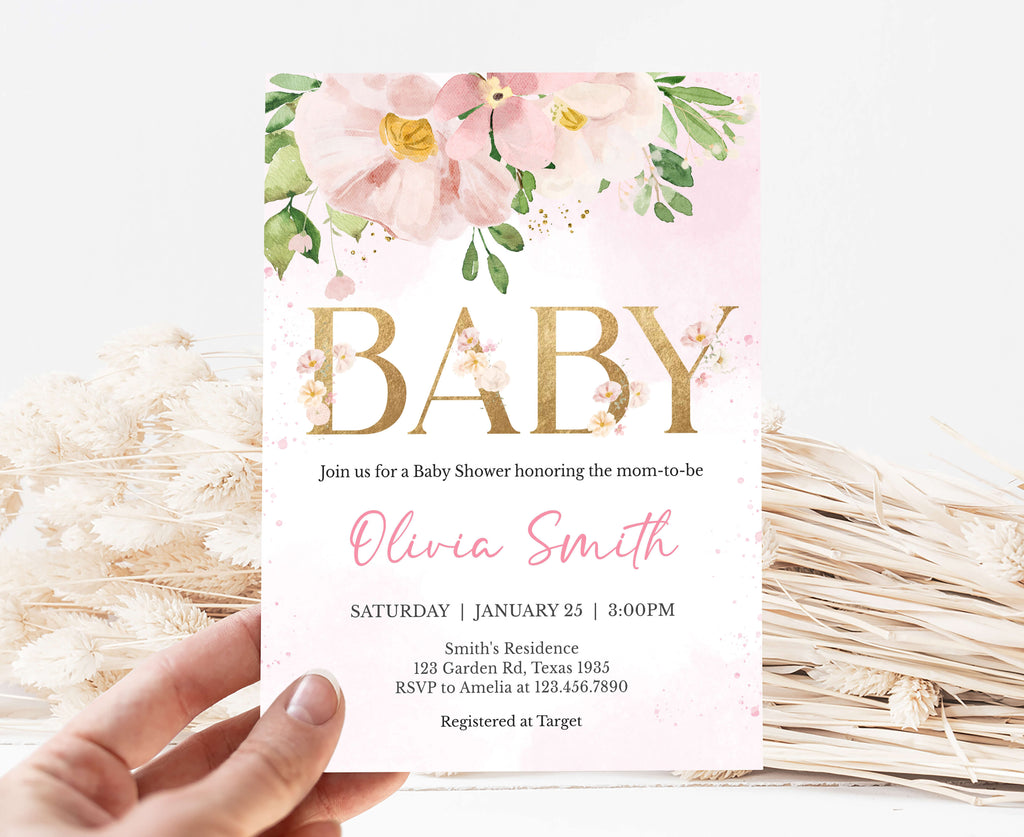 Spring floral girl baby shower invitation with pink watercolor floral design