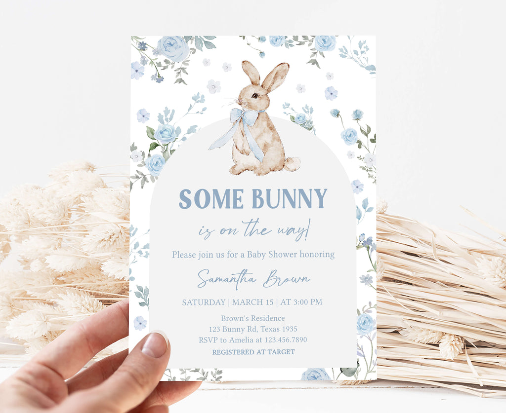 Blue floral bunny baby shower invitation for boy theme