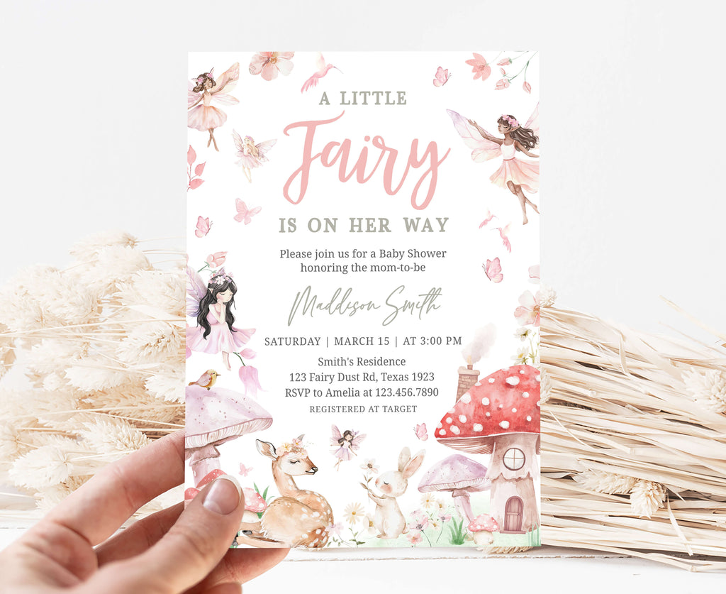 Spring fairy baby shower invitation for girl with woodland, butterflies, and mushrooms