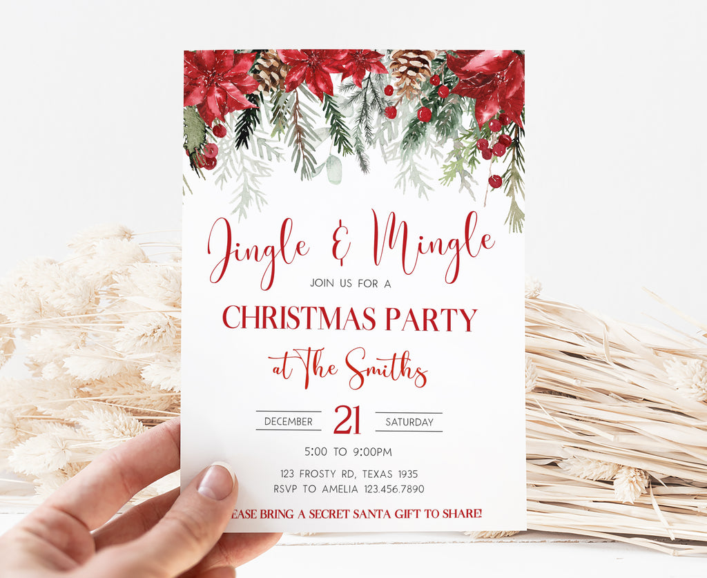 Printable watercolor poinsettia and pinecone Christmas party invitation
