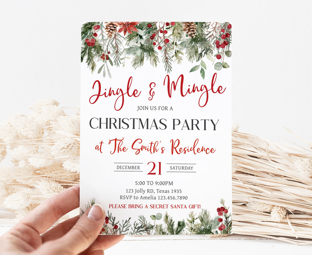 Printable watercolor Christmas party invitation template