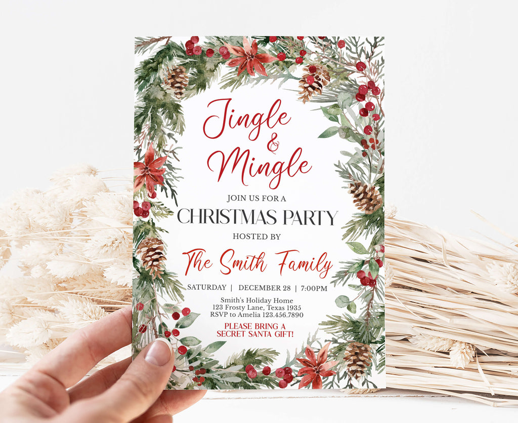 Printable watercolor poinsettia Christmas party invitation template