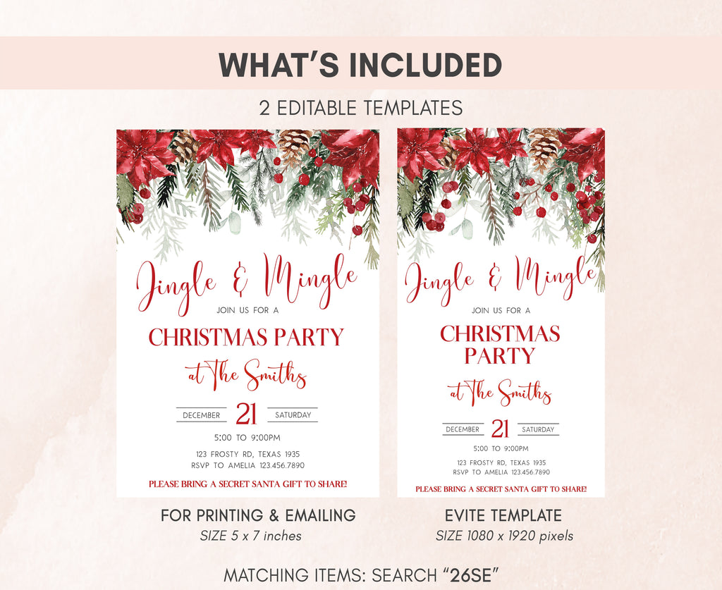 Rustic red and green floral Christmas party stationery