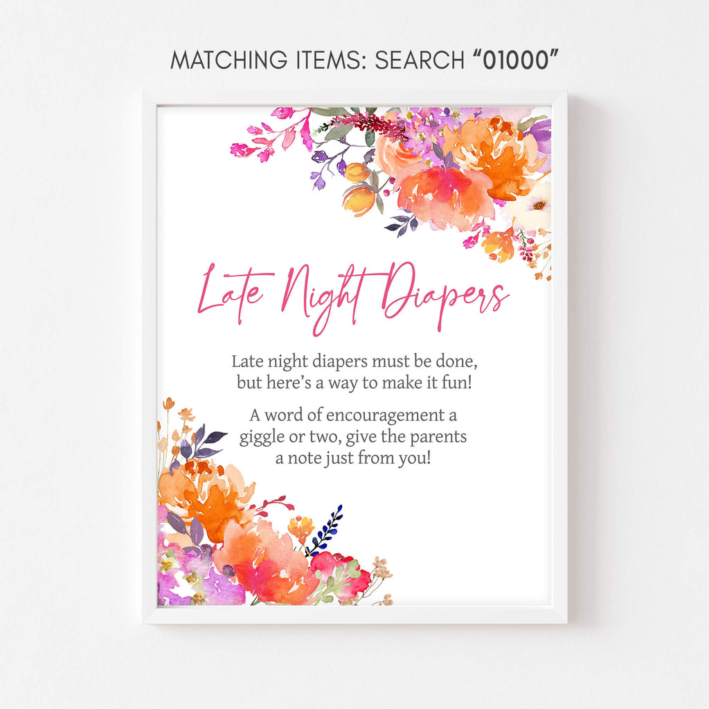 Spring floral baby girl late night diapers sign for baby shower, printable display