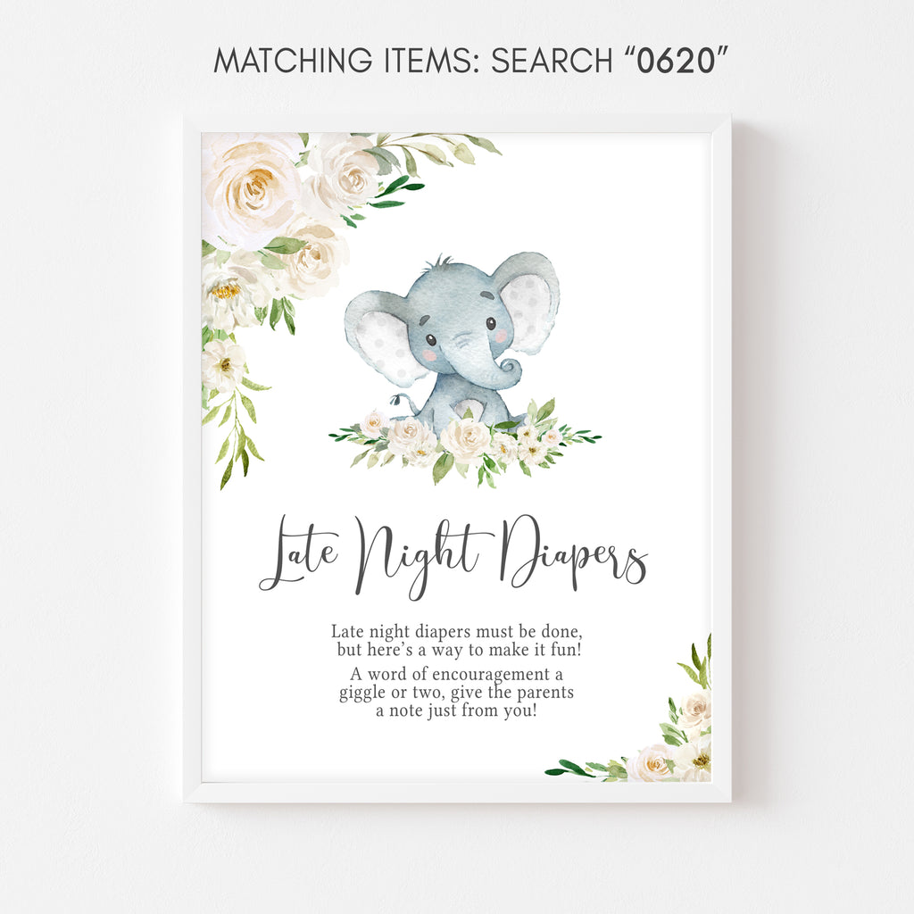 Floral Elephant Baby Shower Late Night Diapers Sign