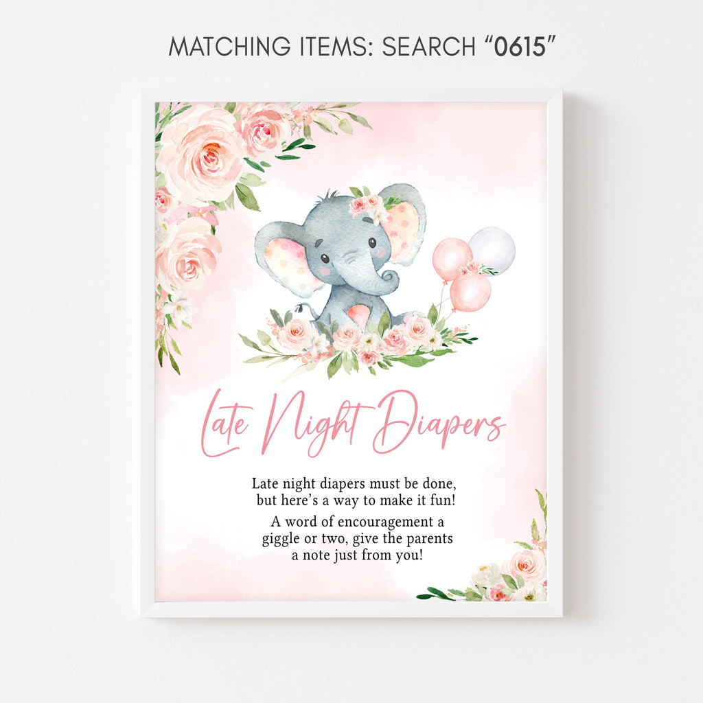 Floral Elephant Baby Shower Late Night Diapers Sign