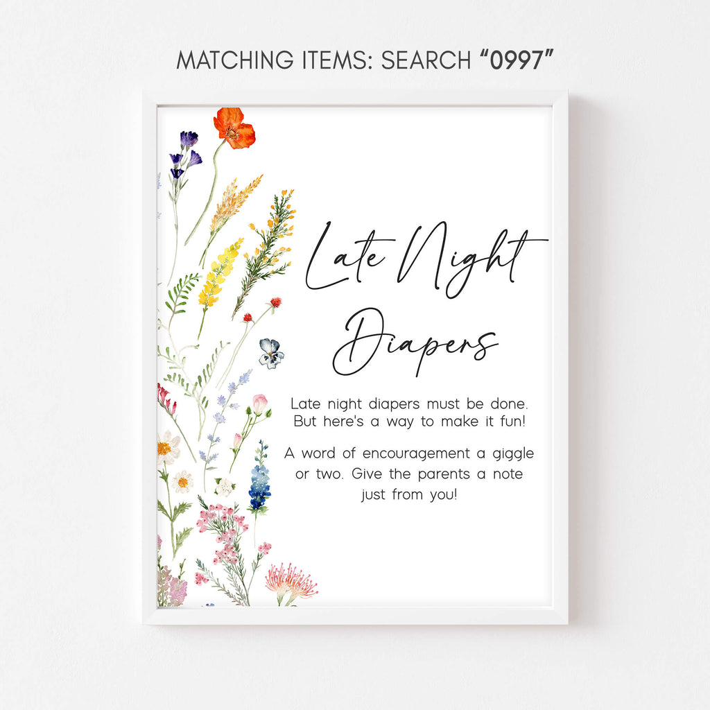 Spring floral late night diapers sign for baby girl baby shower activity table