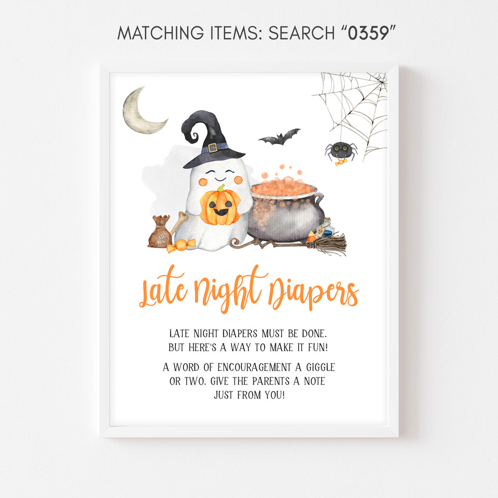 Halloween baby shower Late Night Diapers sign with ghost and pumpkin design, printable fall decor