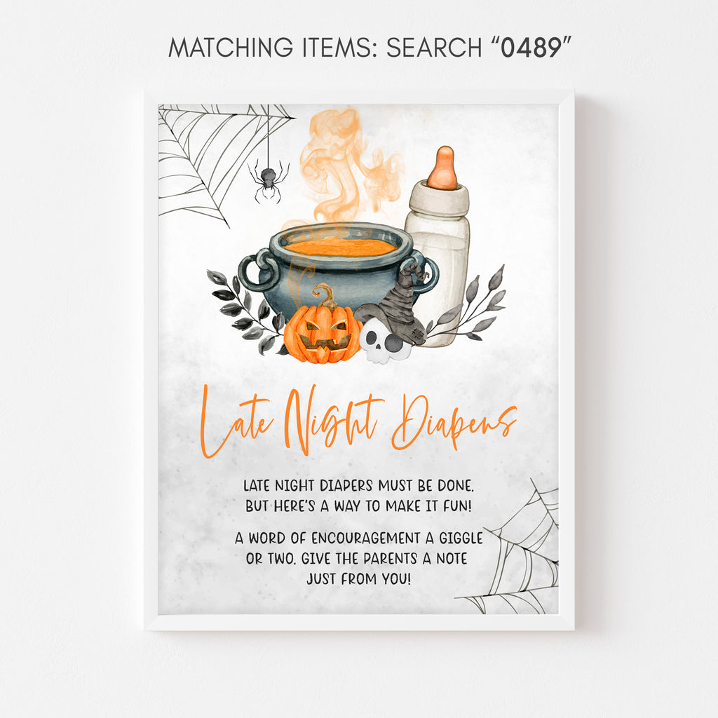 Halloween baby shower Late Night Diapers sign with pumpkin and cauldron, spooky gender neutral party decor