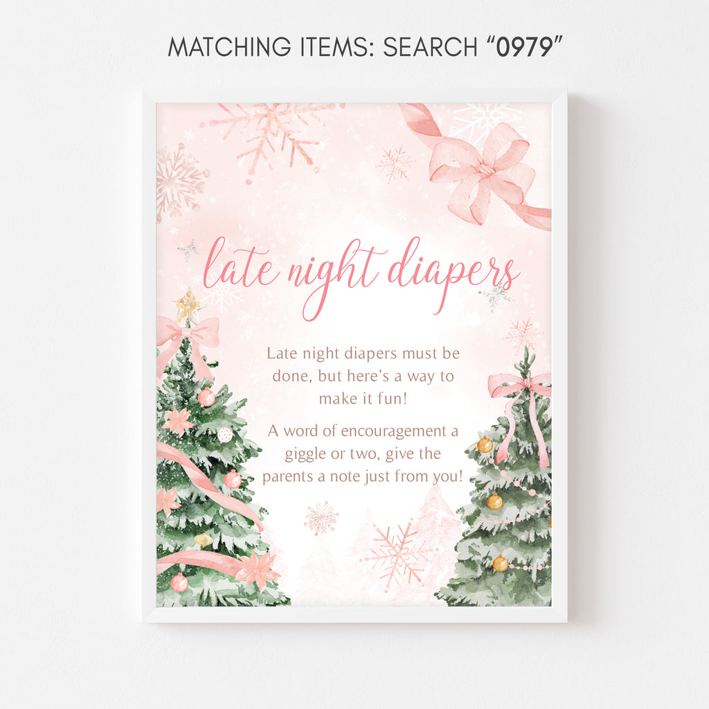 Pink snowflake baby shower late night diapers sign, holiday party printable