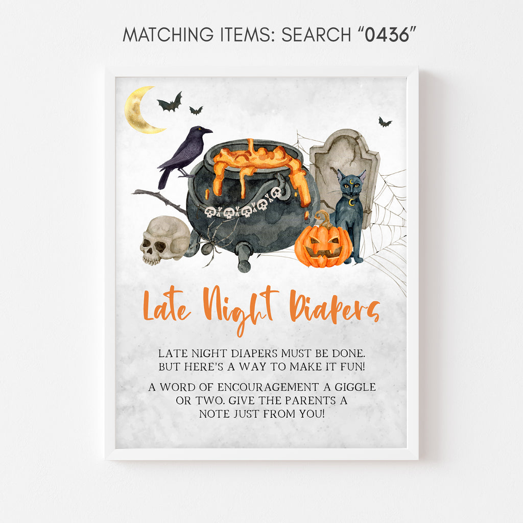 Halloween baby shower late night diapers sign – bats and pumpkins