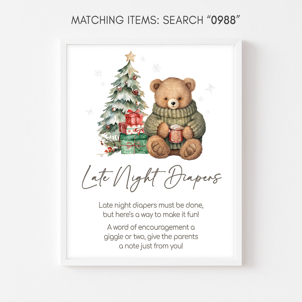 Christmas teddy bear late night diapers sign, holiday themed baby shower decoration